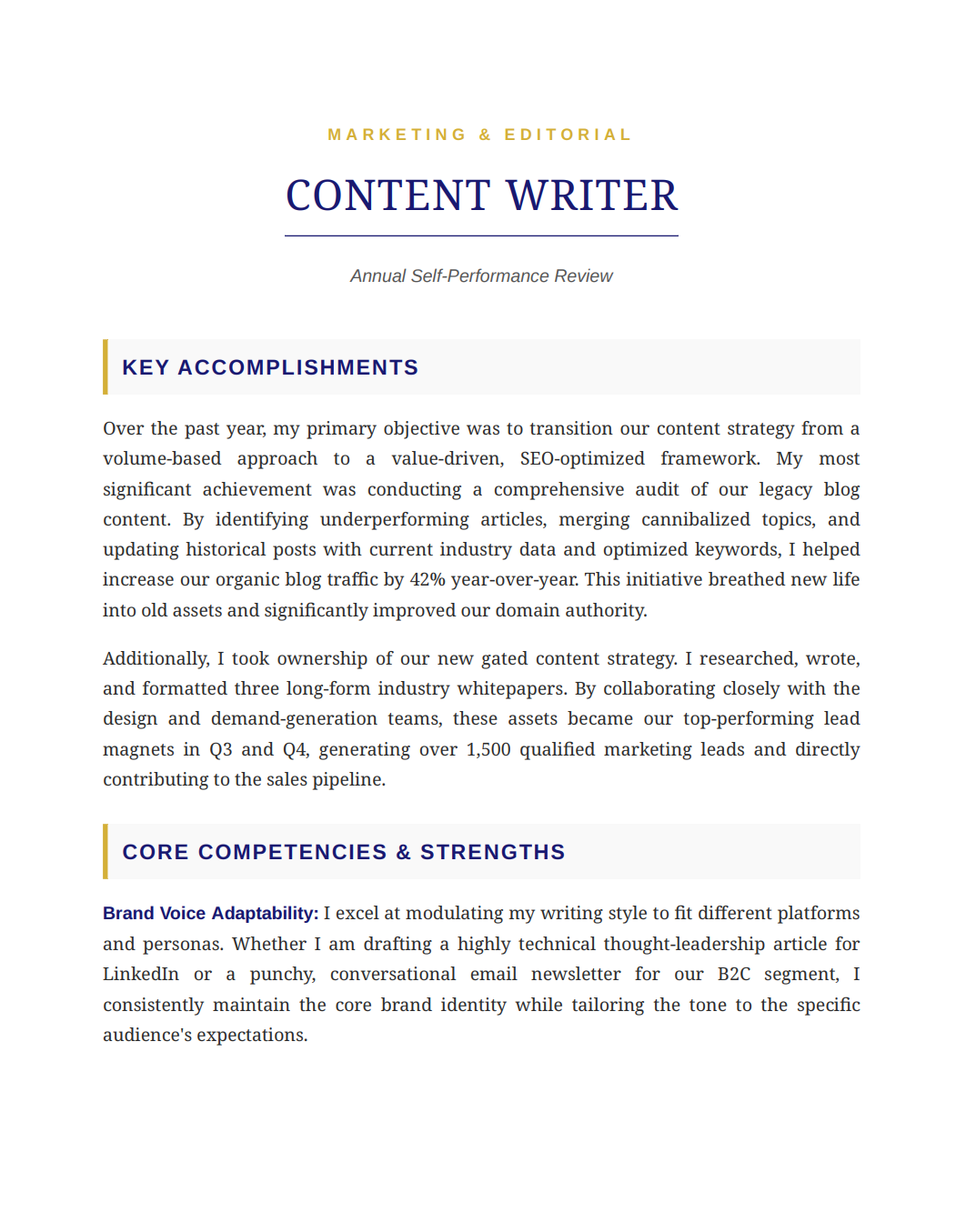 Content Writer Self Performance Review - Free AI Self Performance Review Generator, 50+ Real Self Performance Review Examples