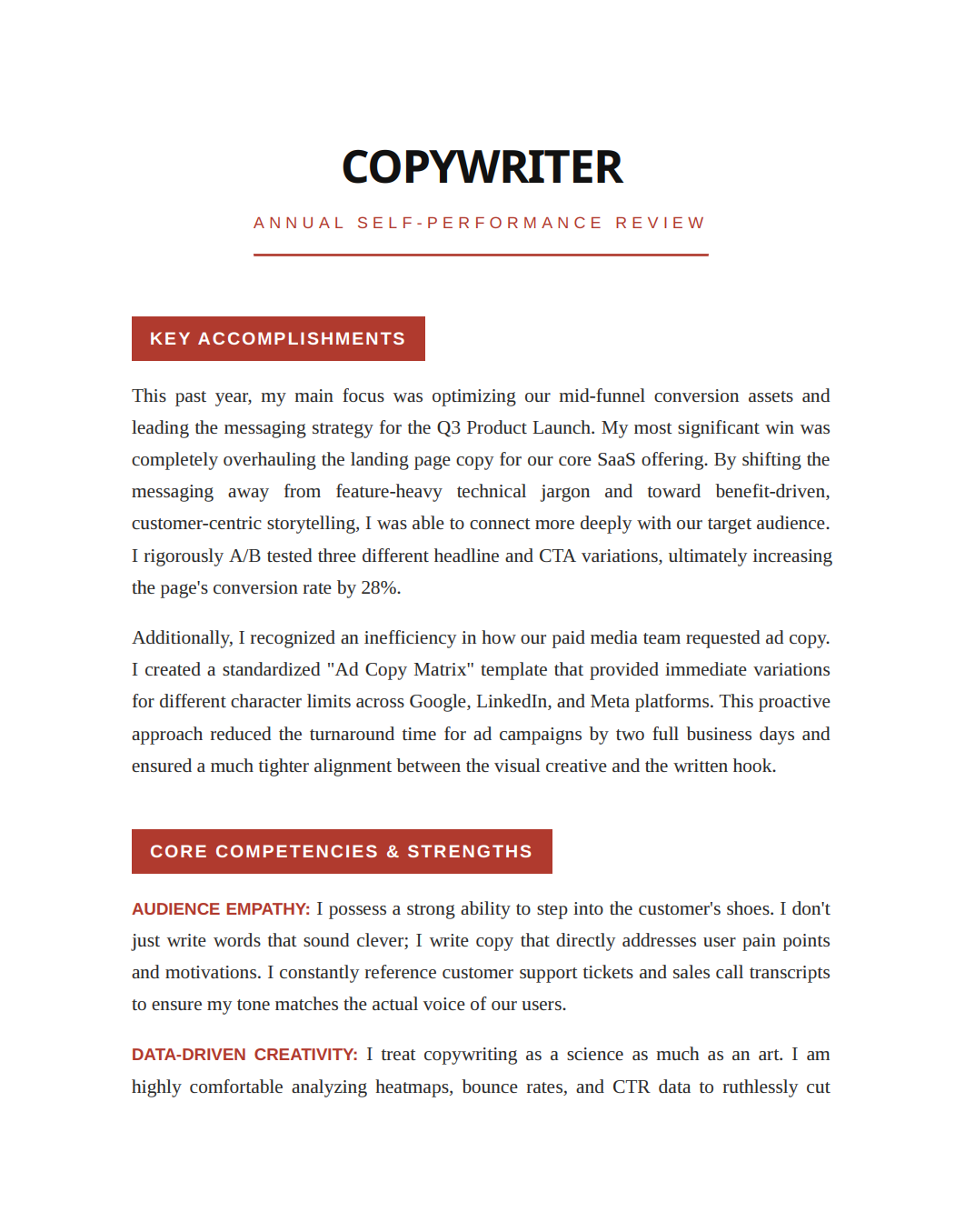 Copywriter Self Performance Review - Free AI Self Performance Review Generator, 50+ Real Self Performance Review Examples