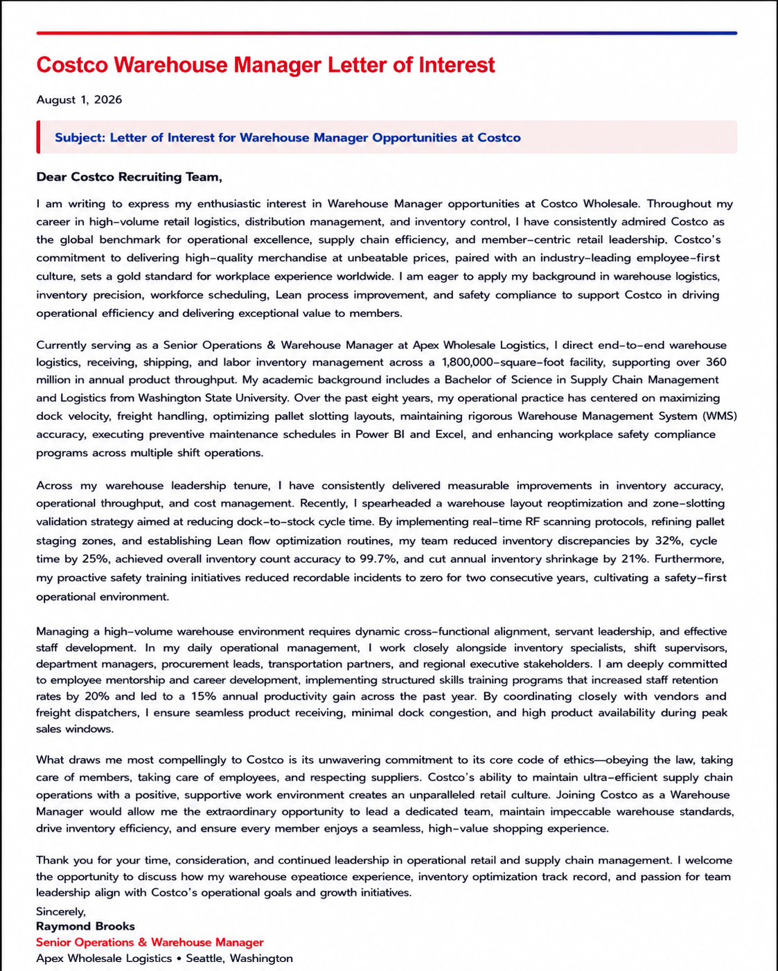 Costco Warehouse Manager Letter of Interest - Free AI Letter of Interest Generator, 50+ Real Letter of Interest Examples