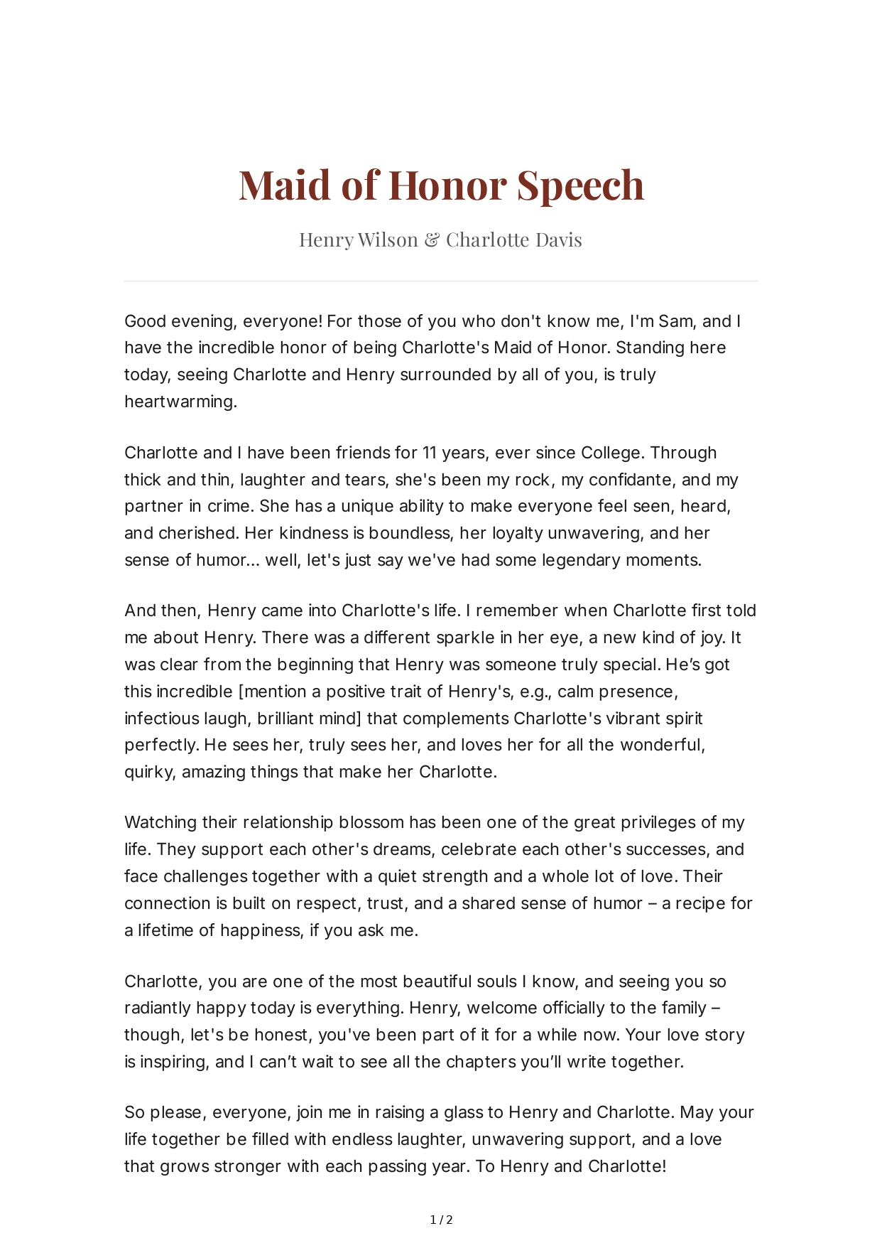 Courthouse Wedding Maid of Honor Speech - Free AI Maid of Honor Speech Generator, 50+ Real Maid of Honor Speech Examples
