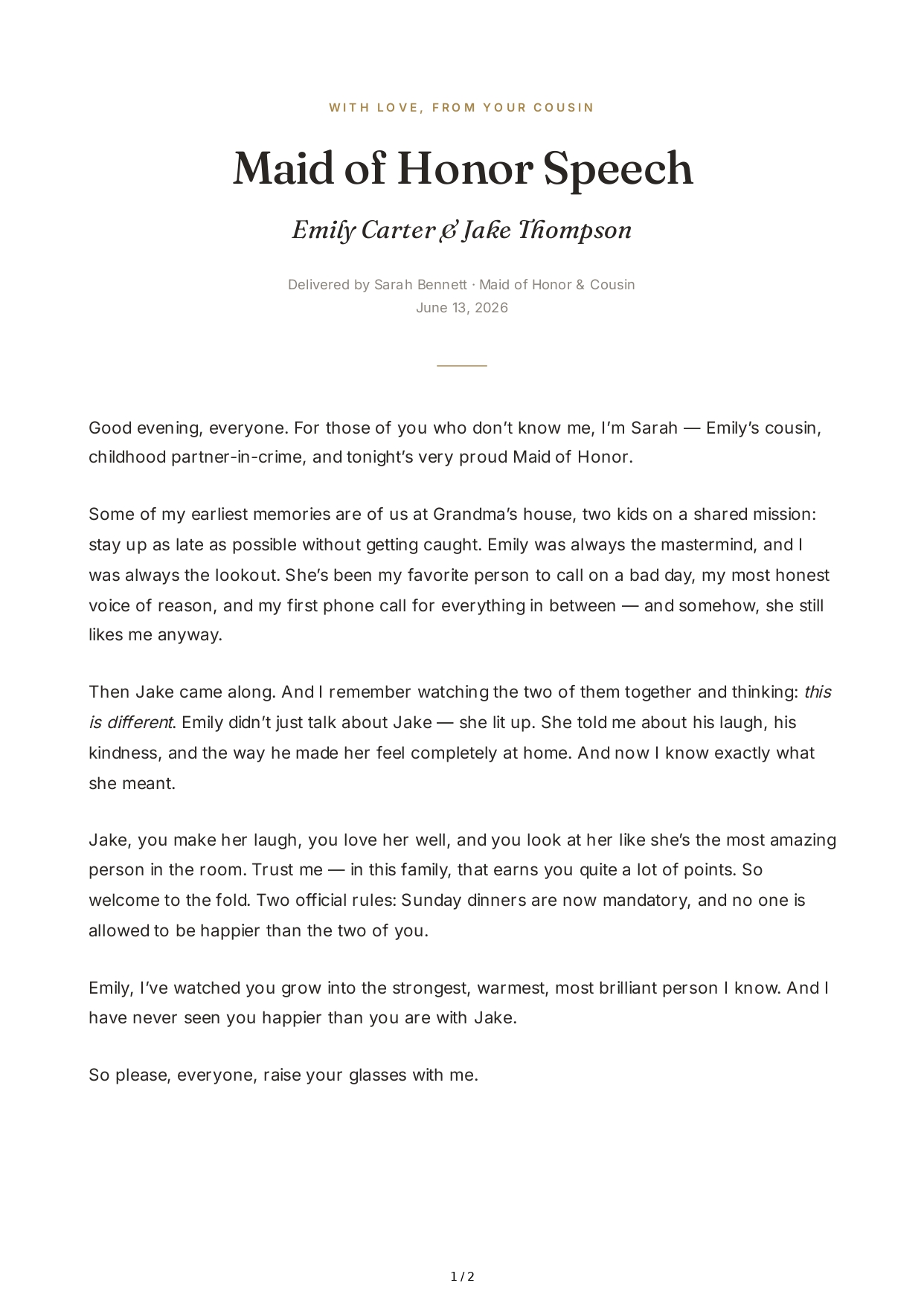 Cousin Maid of Honor Speech - Free AI Maid of Honor Speech Generator, 50+ Real Maid of Honor Speech Examples