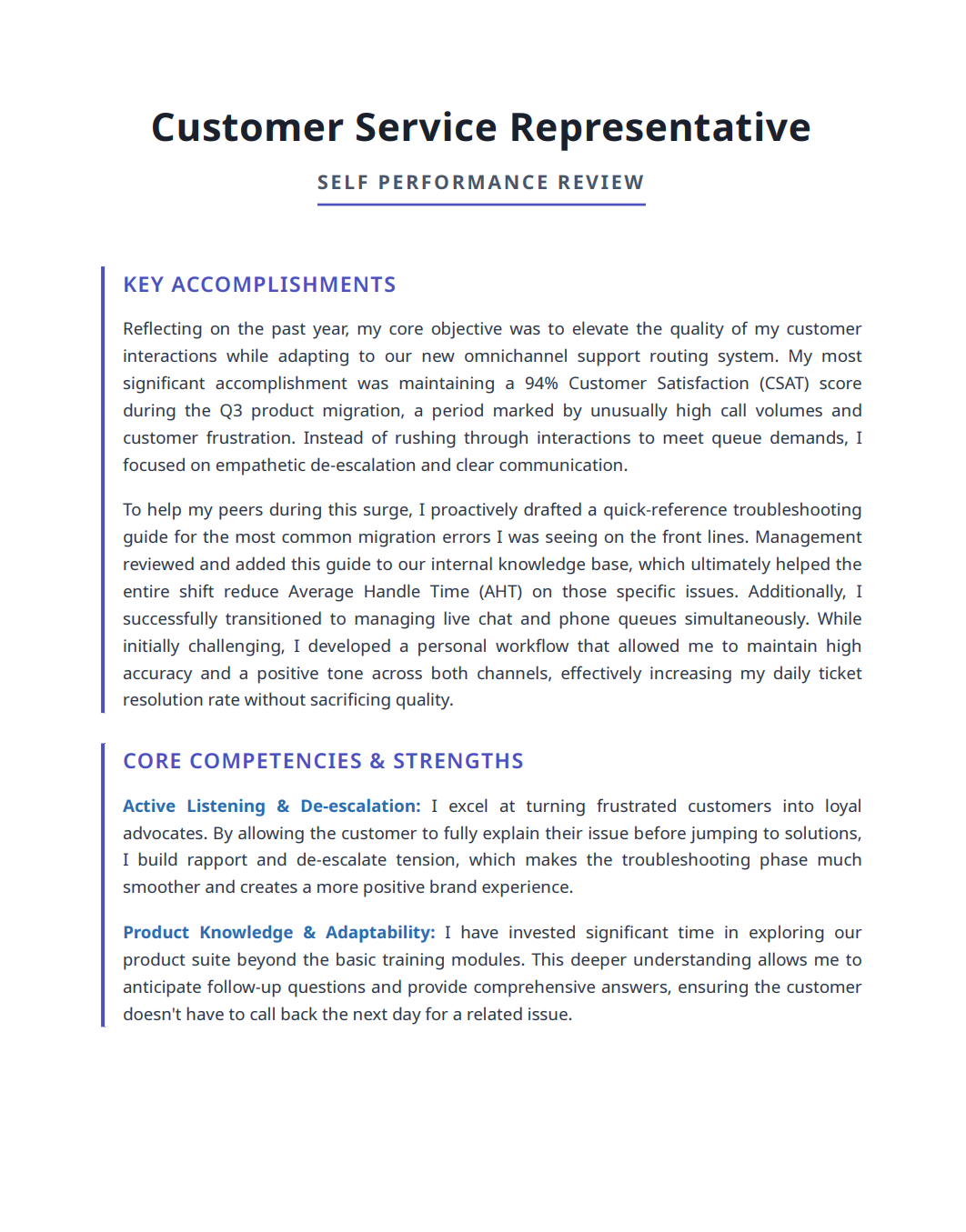 Customer Service Representative Self Performance Review - Free AI Self Performance Review Generator, 50+ Real Self Performance Review Examples