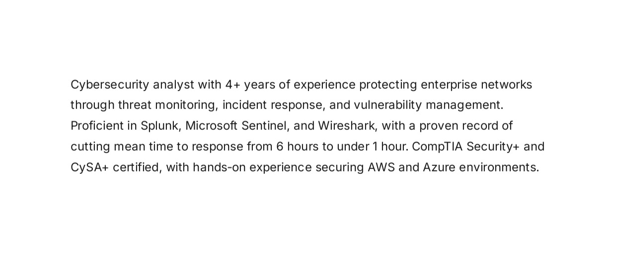 Cybersecurity Analyst Resume Summary - Free AI Resume Summary Generator, 50+ Real Resume Summary Examples