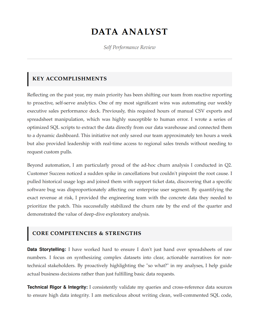 Data Analyst Self Performance Review - Free AI Self Performance Review Generator, 50+ Real Self Performance Review Examples