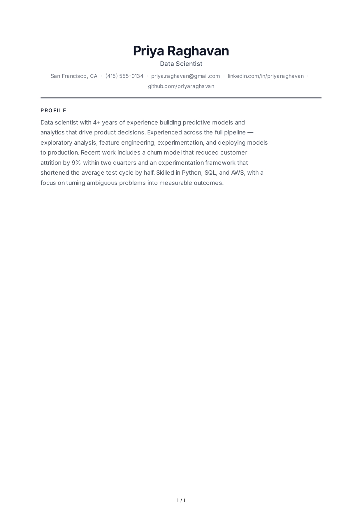 Data Scientist Resume Profile - Free AI Resume Profile Generator, 50+ Real Resume Profile Examples