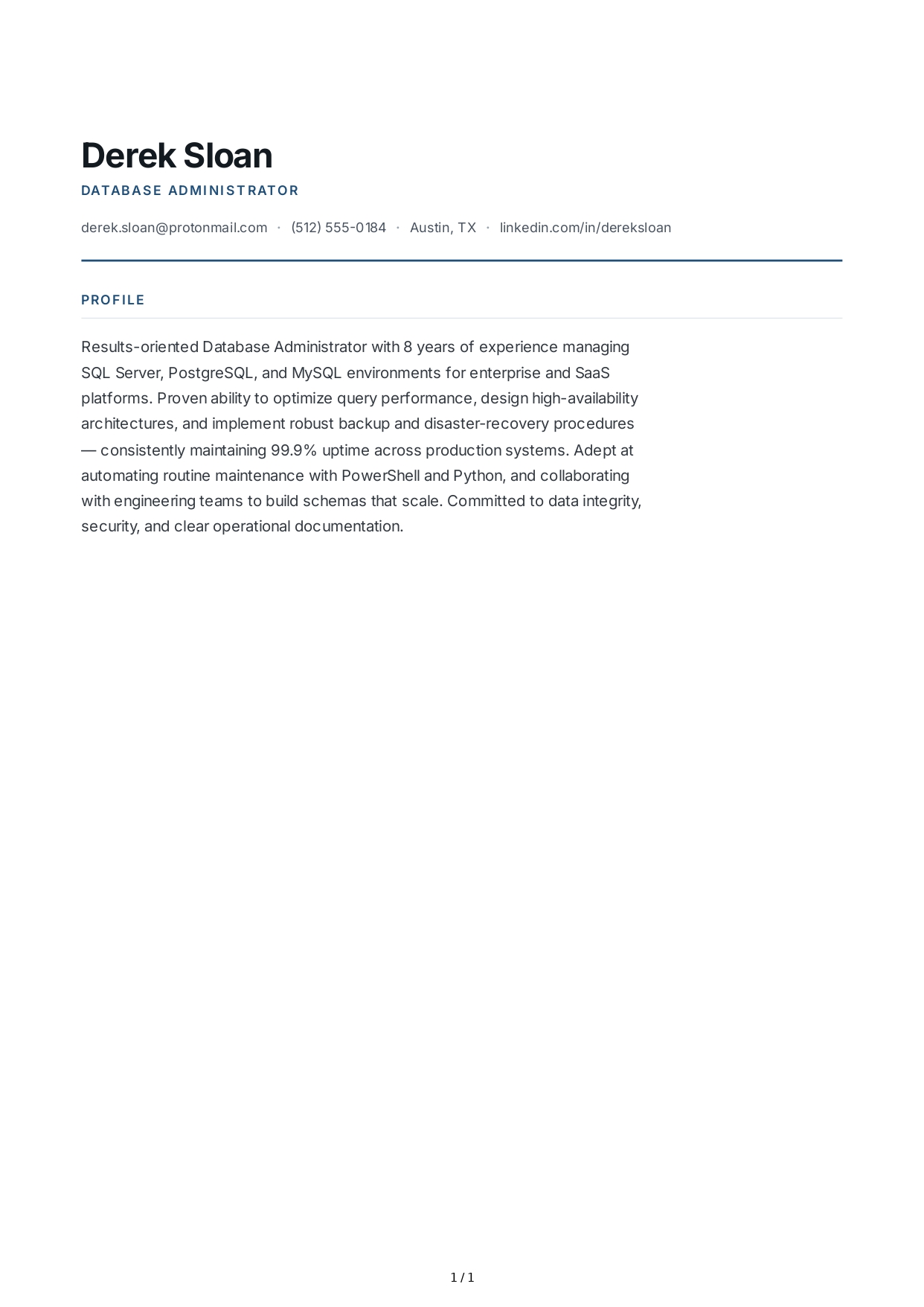 Database Administrator Resume Profile - Free AI Resume Profile Generator, 50+ Real Resume Profile Examples