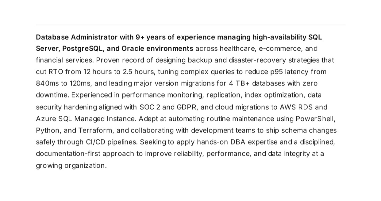 Database Administrator Resume Summary - Free AI Resume Summary Generator, 50+ Real Resume Summary Examples