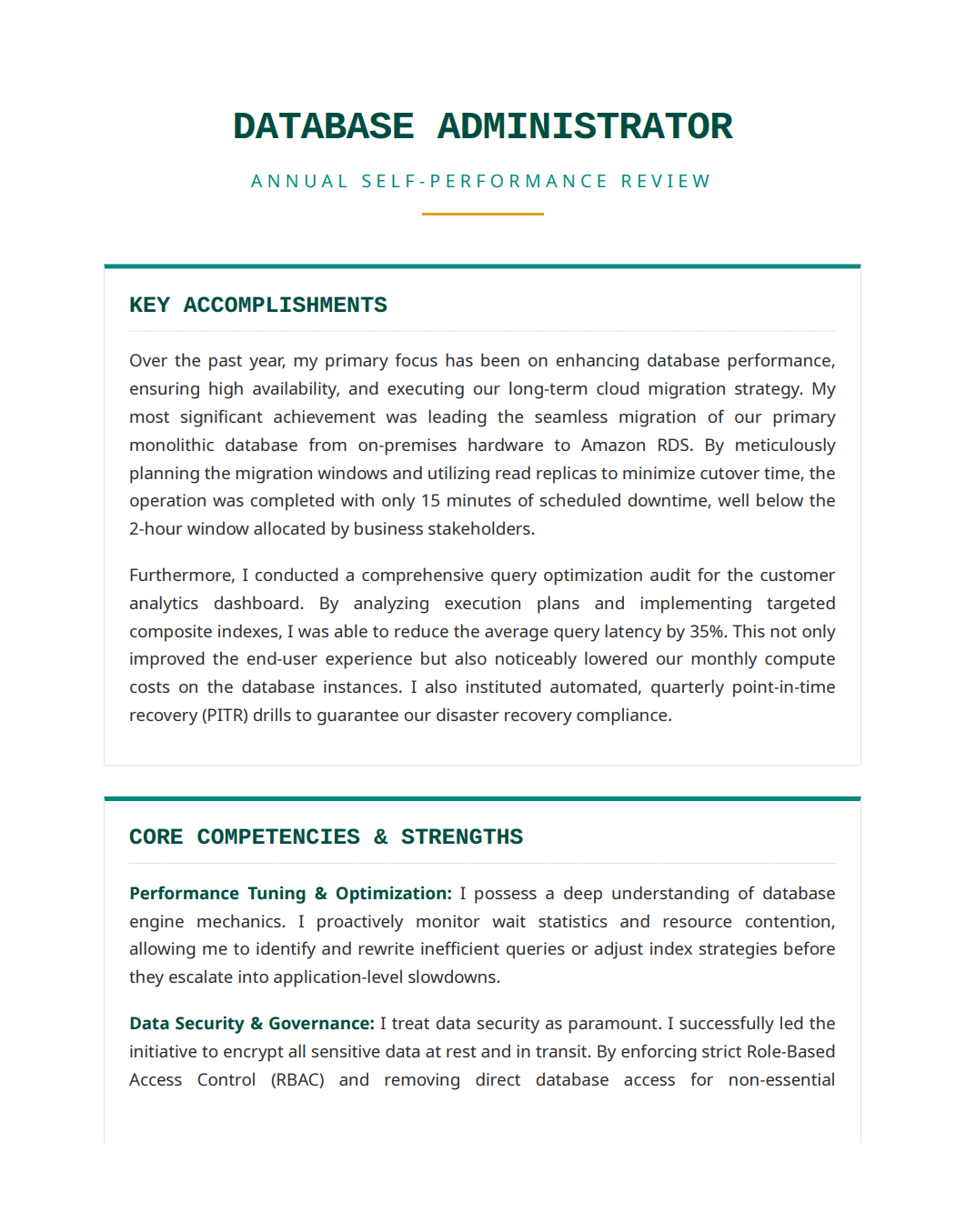 Database Administrator Self Performance Review - Free AI Self Performance Review Generator, 50+ Real Self Performance Review Examples