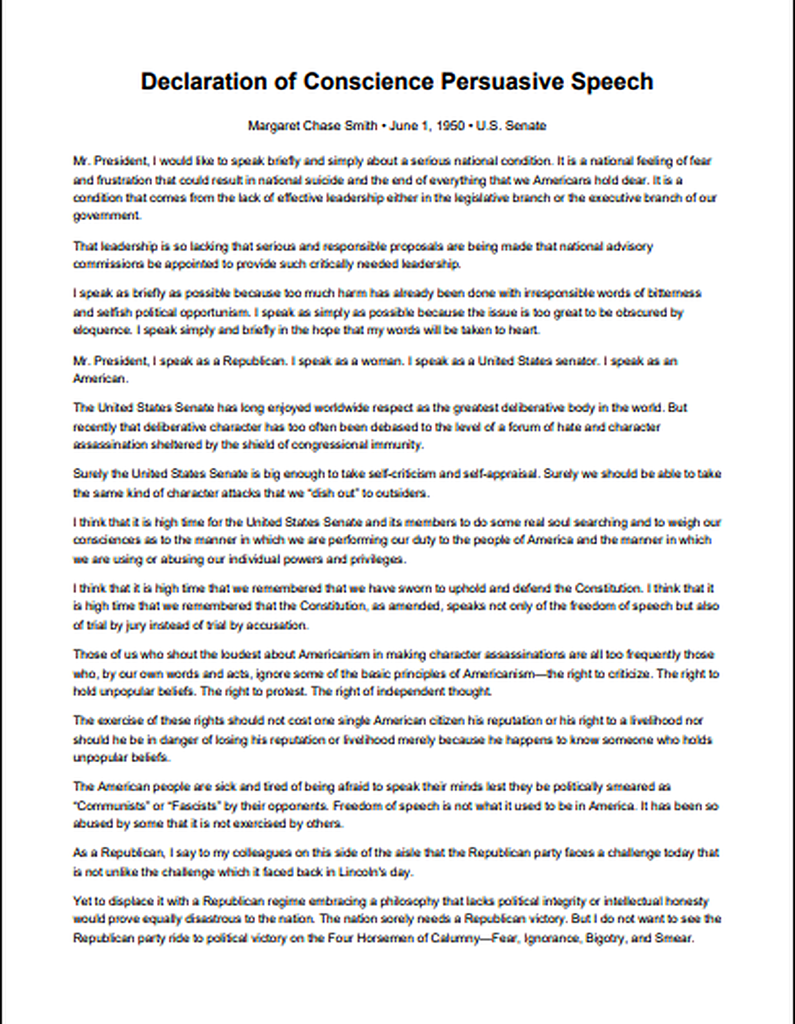 Declaration of Conscience Persuasive Speech - Free AI Persuasive Speech Generator, 50+ Real Persuasive Speech Examples
