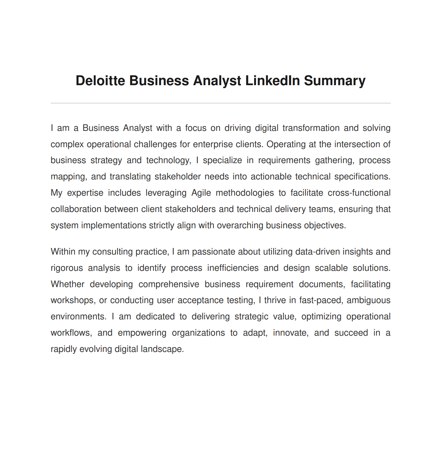 Deloitte Business Analyst LinkedIn Summary - Free AI LinkedIn Summary Generator, 50+ Real LinkedIn Summary Examples