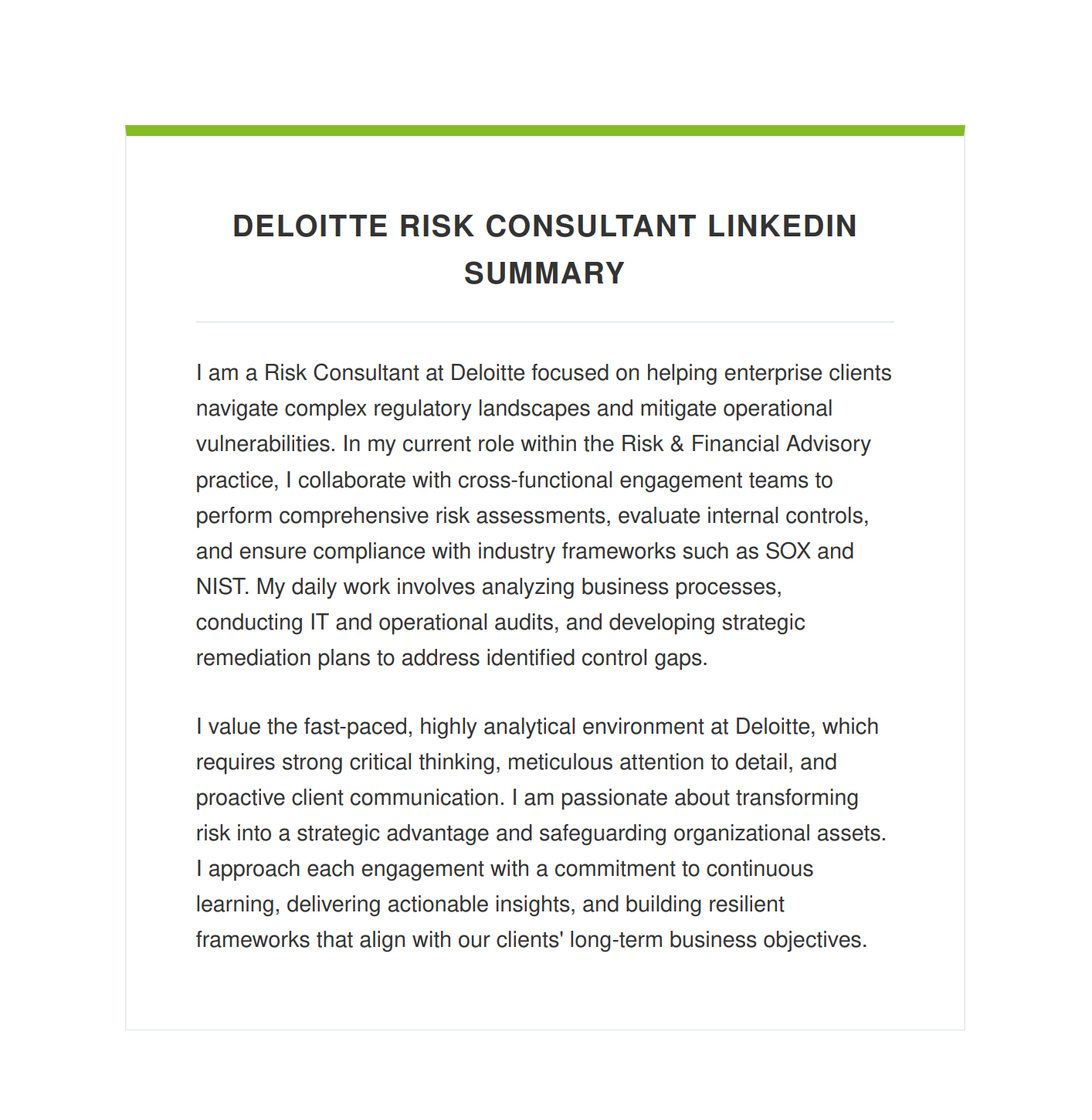 Deloitte Risk Consultant LinkedIn Summary - Free AI LinkedIn Summary Generator, 50+ Real LinkedIn Summary Examples