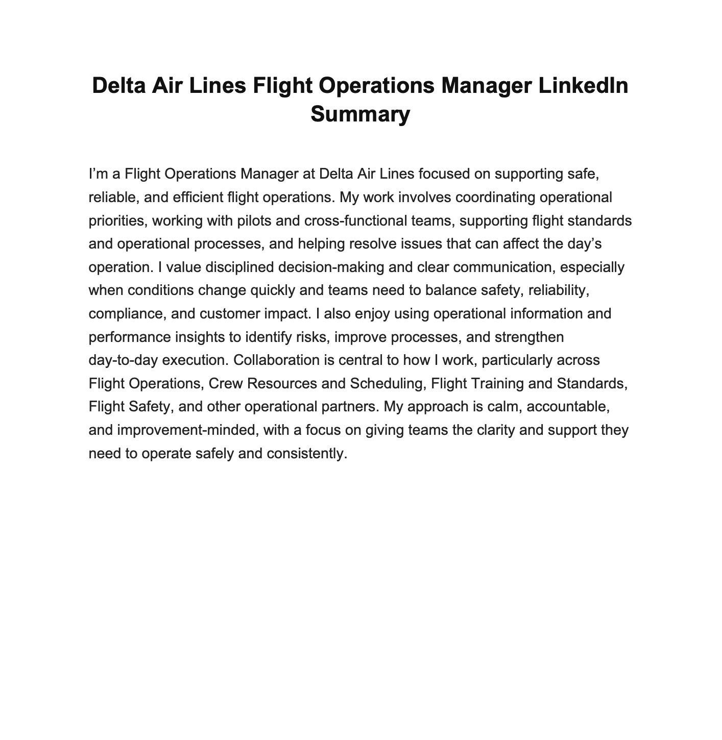 Delta Air Lines Flight Operations Manager LinkedIn Summary - Free AI LinkedIn Summary Generator, 50+ Real LinkedIn Summary Examples