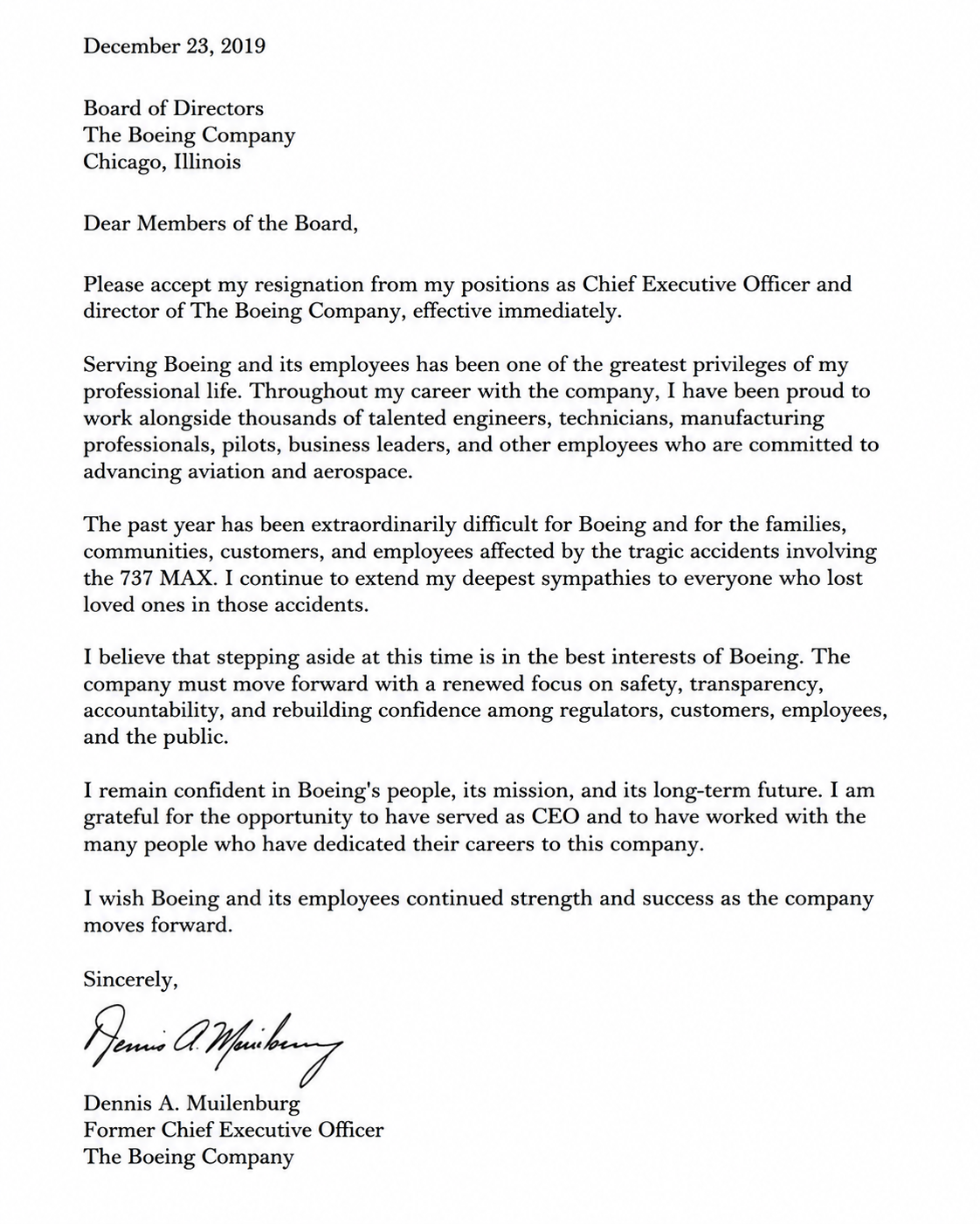 Dennis Muilenburg Resignation Letter to Boeing - Free AI Resignation Letter Generator, 50+ Real Resignation Letter Examples