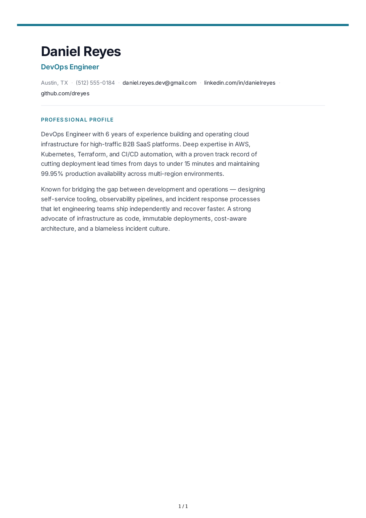 DevOps Engineer Resume Profile - Free AI Resume Profile Generator, 50+ Real Resume Profile Examples
