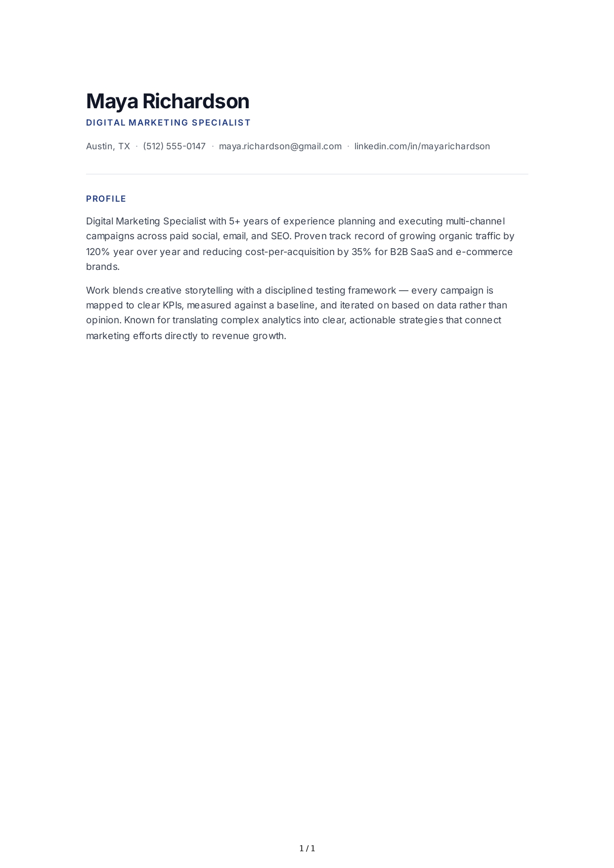 Digital Marketing Specialist Resume Profile - Free AI Resume Profile Generator, 50+ Real Resume Profile Examples