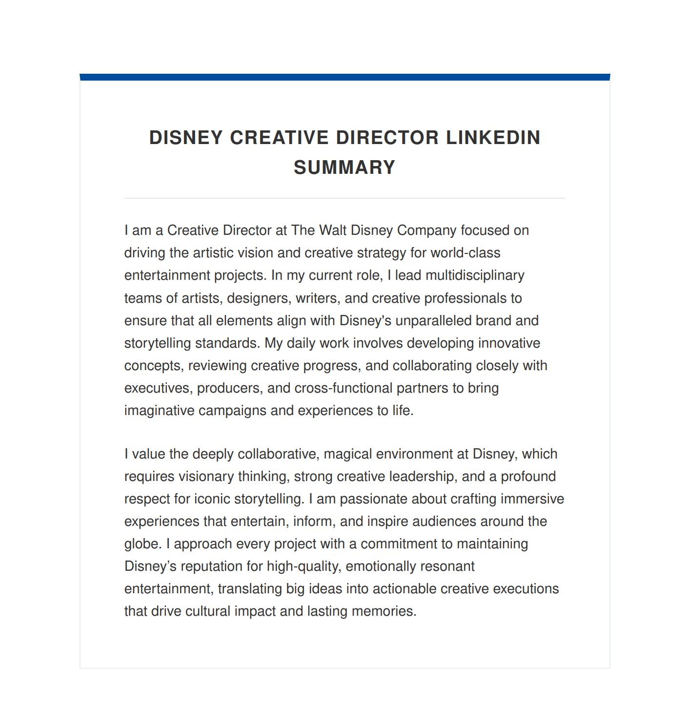 Disney Creative Director LinkedIn Summary - Free AI LinkedIn Summary Generator, 50+ Real LinkedIn Summary Examples