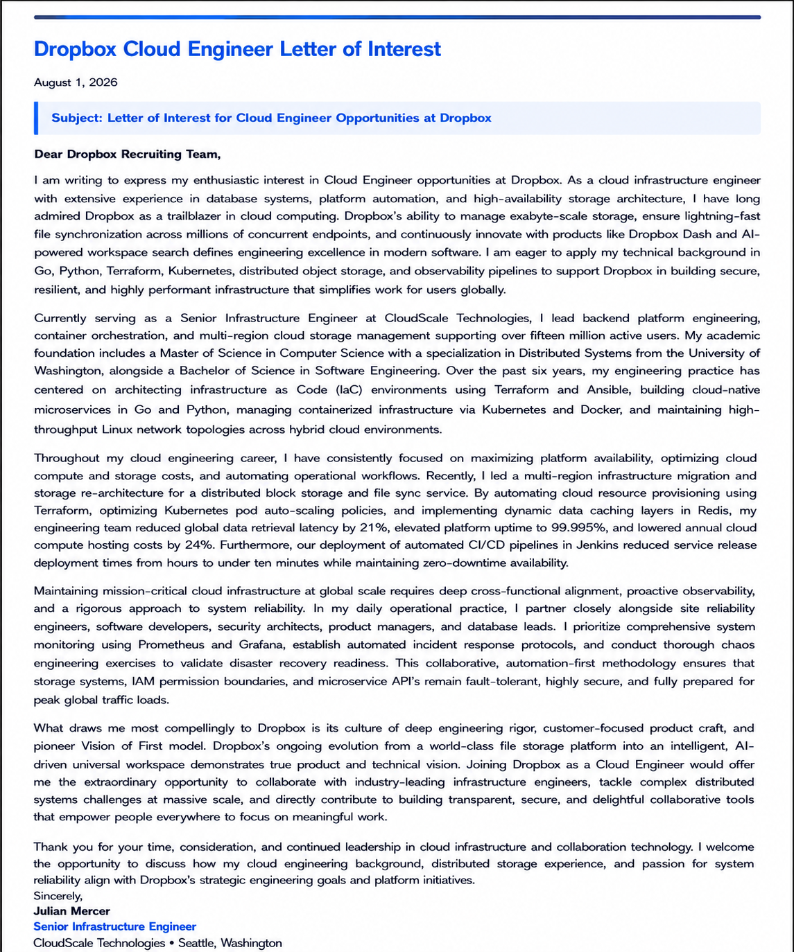 Dropbox Cloud Engineer Letter of Interest - Free AI Letter of Interest Generator, 50+ Real Letter of Interest Examples