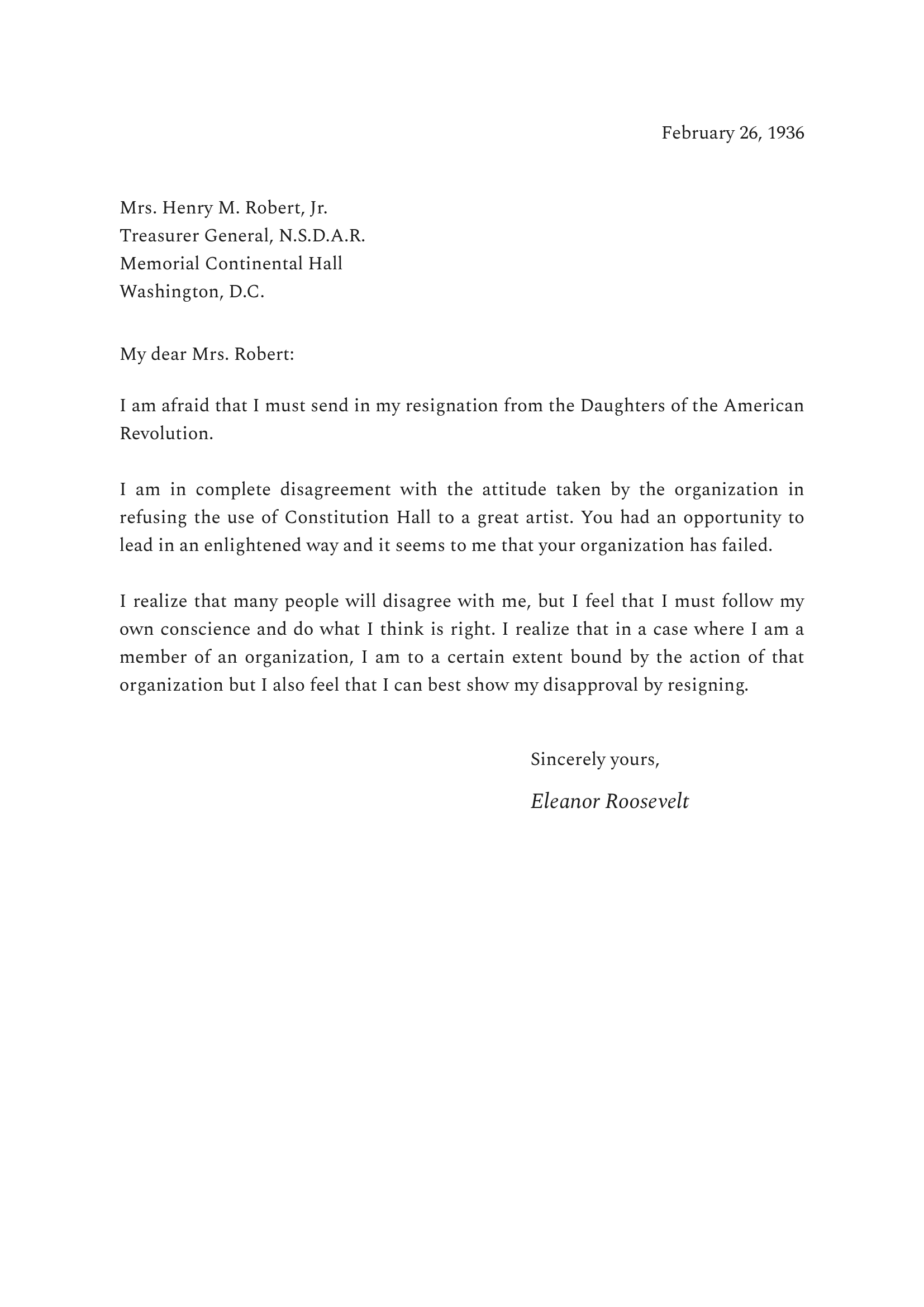 Eleanor Roosevelt Resignation Letter to the Daughters of the American Revolution - Free AI Resignation Letter Generator, 50+ Real Resignation Letter Examples