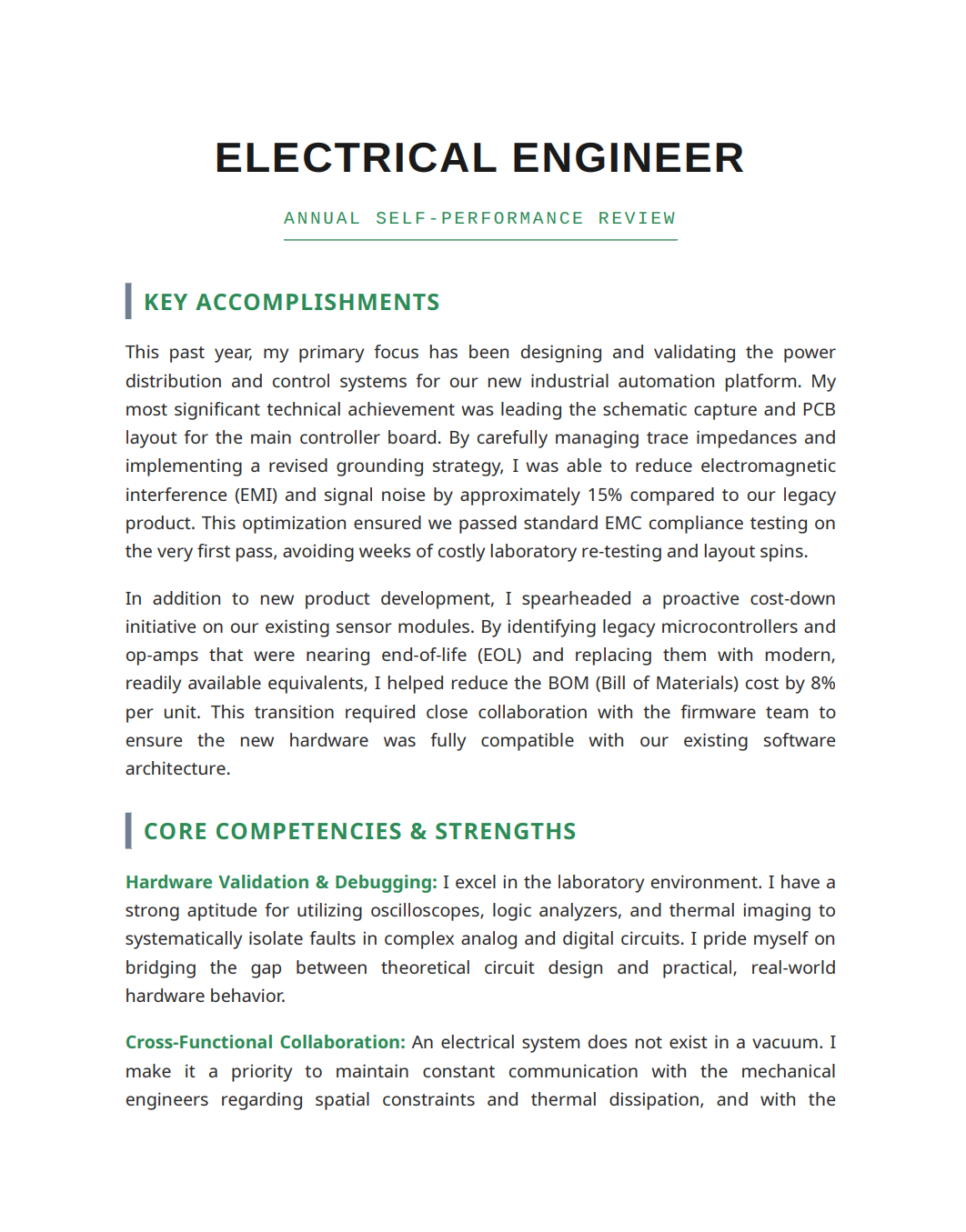 Electrical Engineer Self Performance Review - Free AI Self Performance Review Generator, 50+ Real Self Performance Review Examples