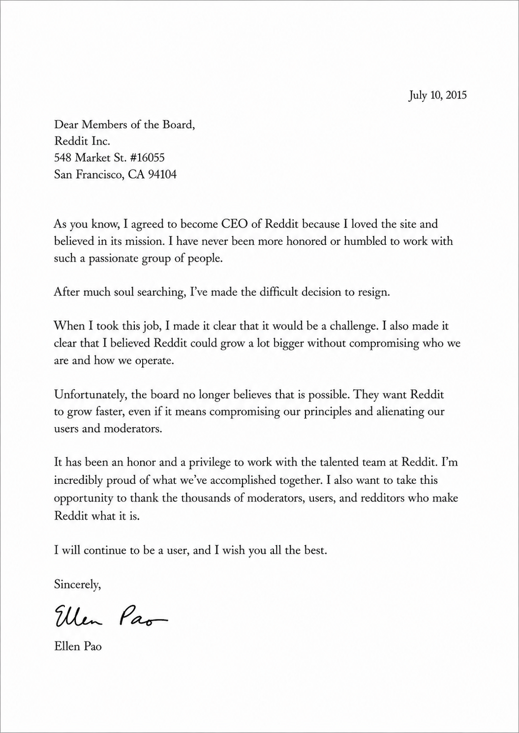 Ellen Pao Resignation Letter from Reddit - Free AI Resignation Letter Generator, 50+ Real Resignation Letter Examples