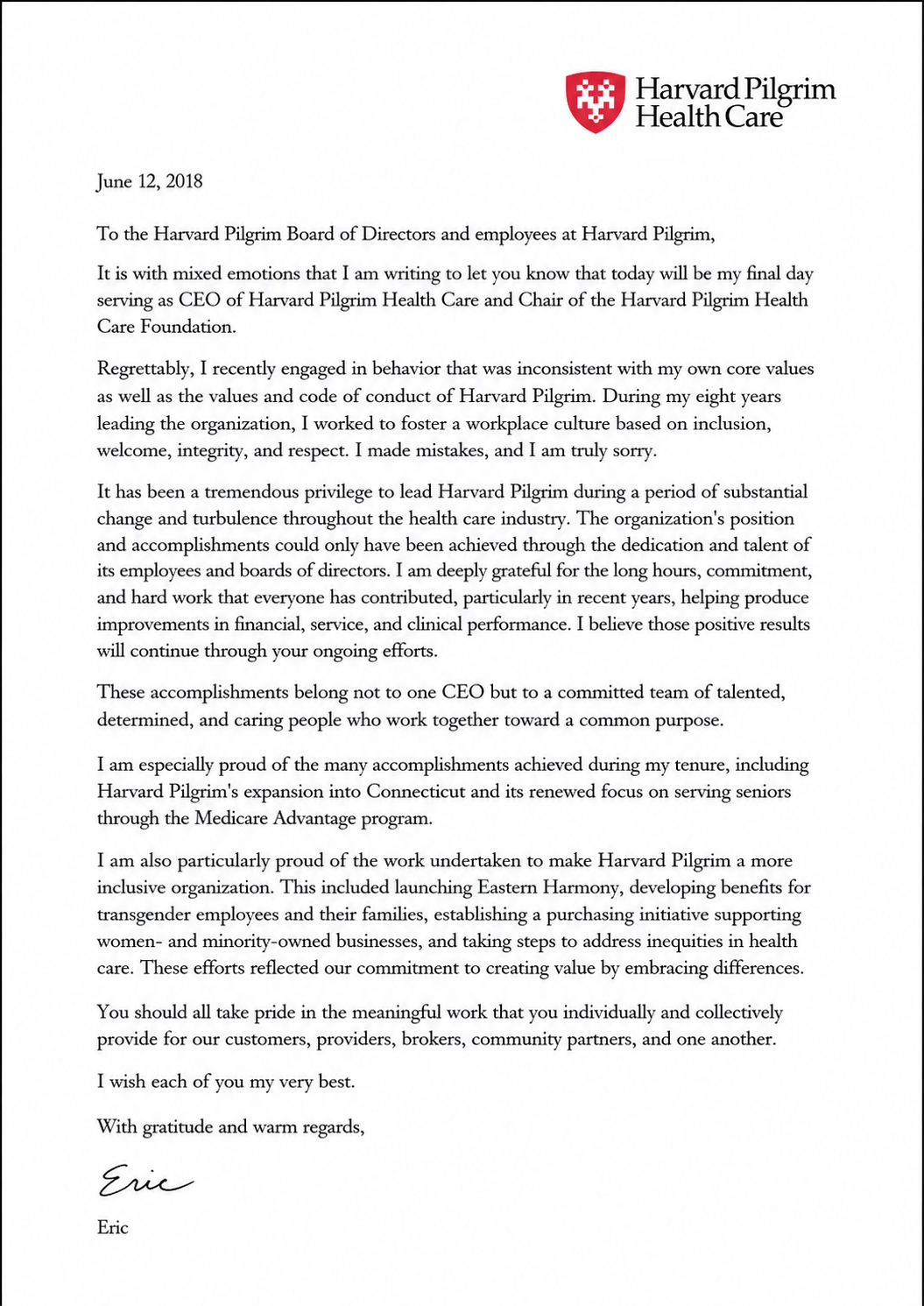 Eric H. Schultz Resignation Letter from Harvard Pilgrim Health Care - Free AI Resignation Letter Generator, 50+ Real Resignation Letter Examples