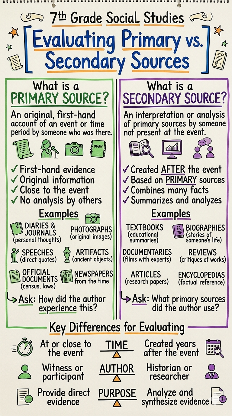 Evaluating Primary vs. Secondary Sources Anchor Chart for 7th Grade Social Studies - Free AI Anchor Chart Generator, 50+ Real Anchor Chart Examples