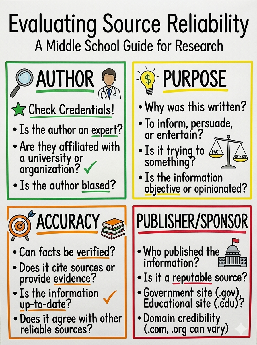 Evaluating Source Reliability Anchor Chart for Middle School Research - Free AI Anchor Chart Generator, 50+ Real Anchor Chart Examples