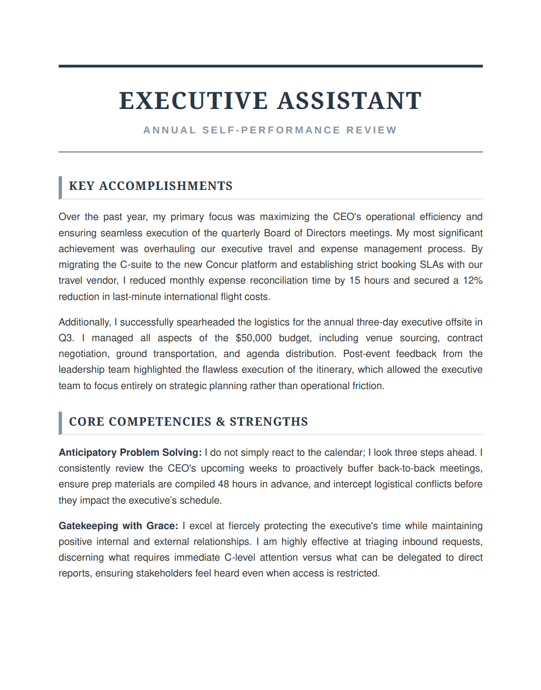 Executive Assistant Self Performance Review - Free AI Self Performance Review Generator, 50+ Real Self Performance Review Examples