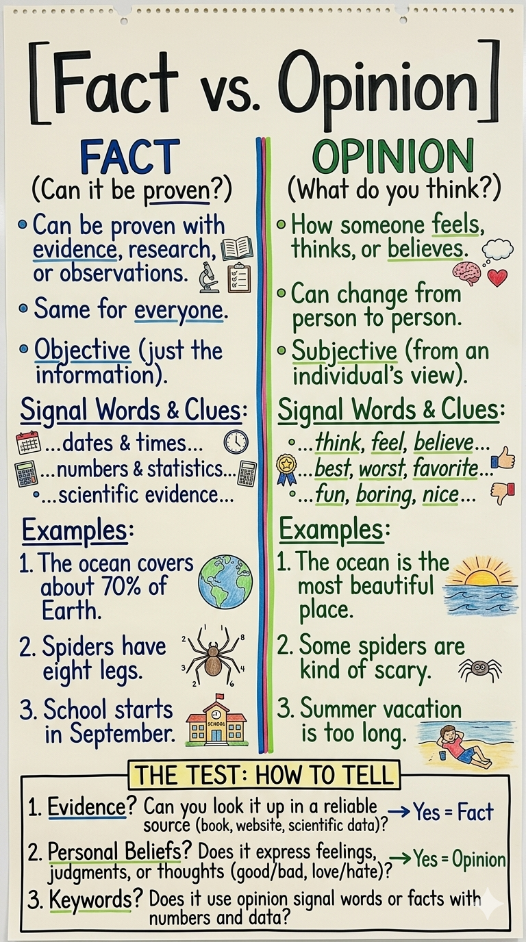 Fact vs. Opinion Anchor Chart for 3rd Grade ELA - Free AI Anchor Chart Generator, 50+ Real Anchor Chart Examples