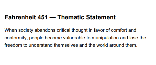 Fahrenheit 451 Thematic Statement - Free AI Thematic Statement Generator, 50+ Real Thematic Statement Examples