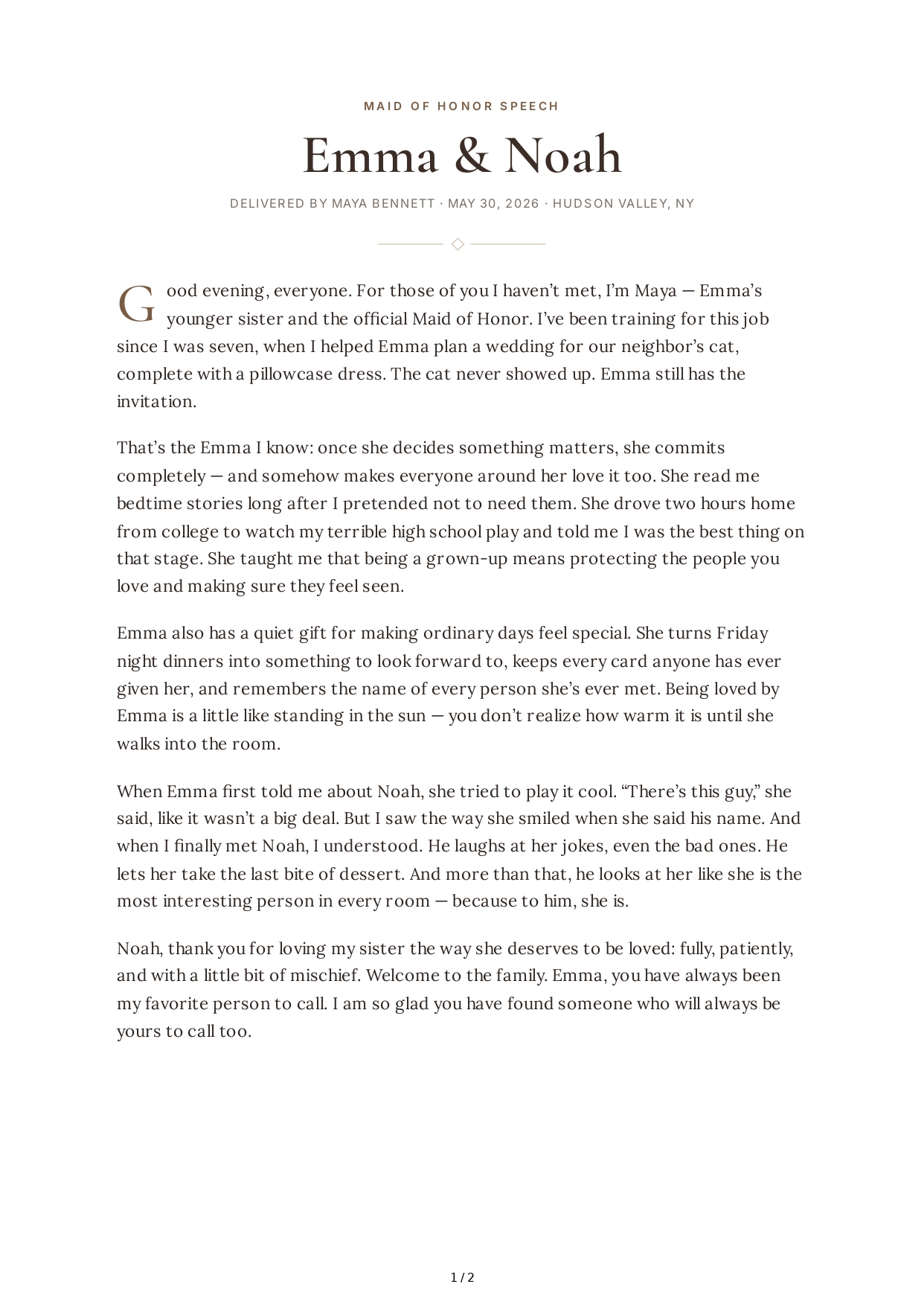 Family Member Maid of Honor Speech - Free AI Maid of Honor Speech Generator, 50+ Real Maid of Honor Speech Examples