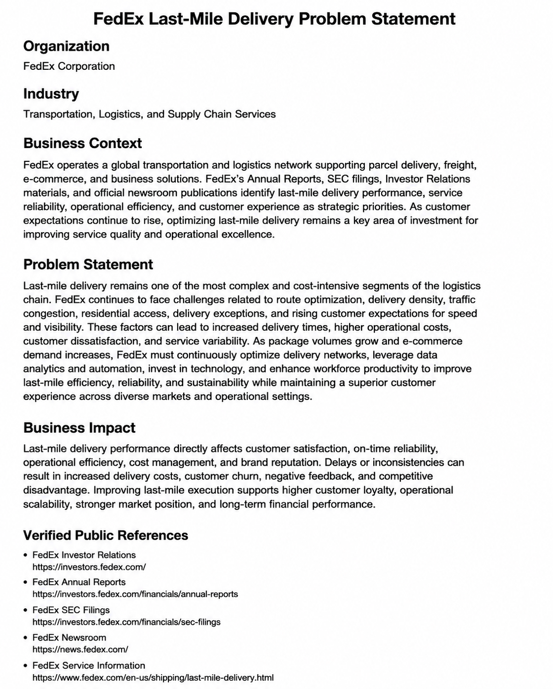 FedEx Last-Mile Delivery Problem Statement - Free AI Problem Statement Generator, 50+Real Problem Statement Examples