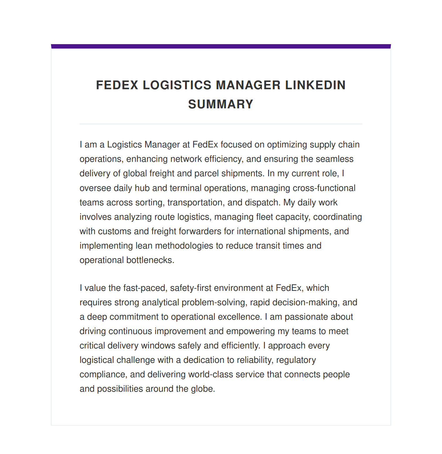 FedEx Logistics Manager LinkedIn Summary - Free AI LinkedIn Summary Generator, 50+ Real LinkedIn Summary Examples