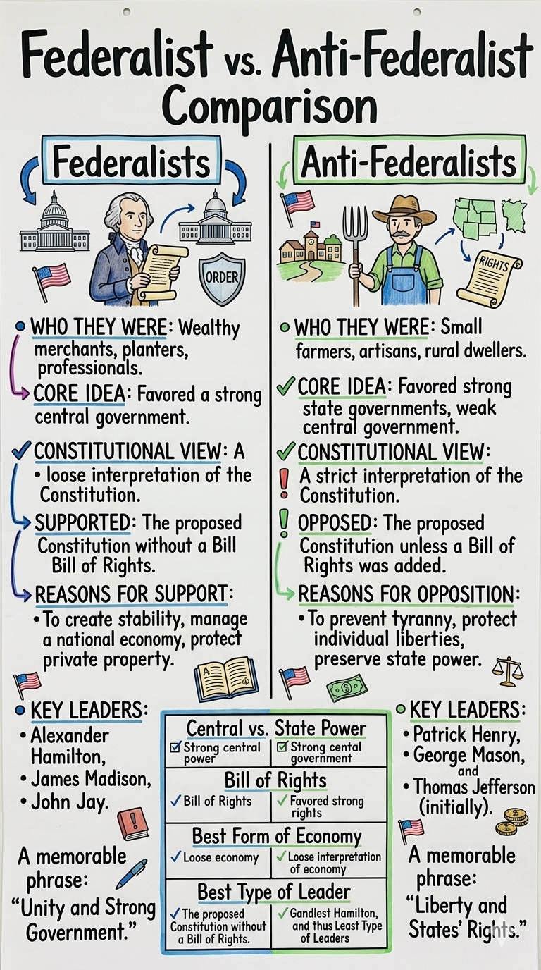 Federalist vs. Anti-Federalist Comparison Anchor Chart for 11th Grade History - Free AI Anchor Chart Generator, 50+ Real Anchor Chart Examples