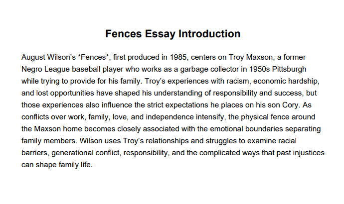 Fences Essay Introduction - Free AI Essay Introduction Generator, 50+ Real Essay Introduction Examples