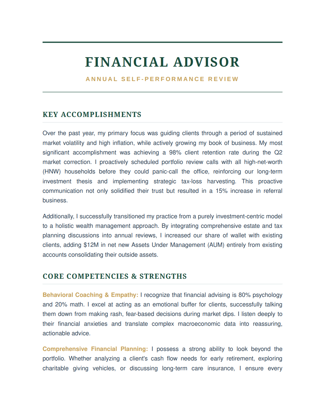Financial Advisor Self Performance Review - Free AI Self Performance Review Generator, 50+ Real Self Performance Review Examples