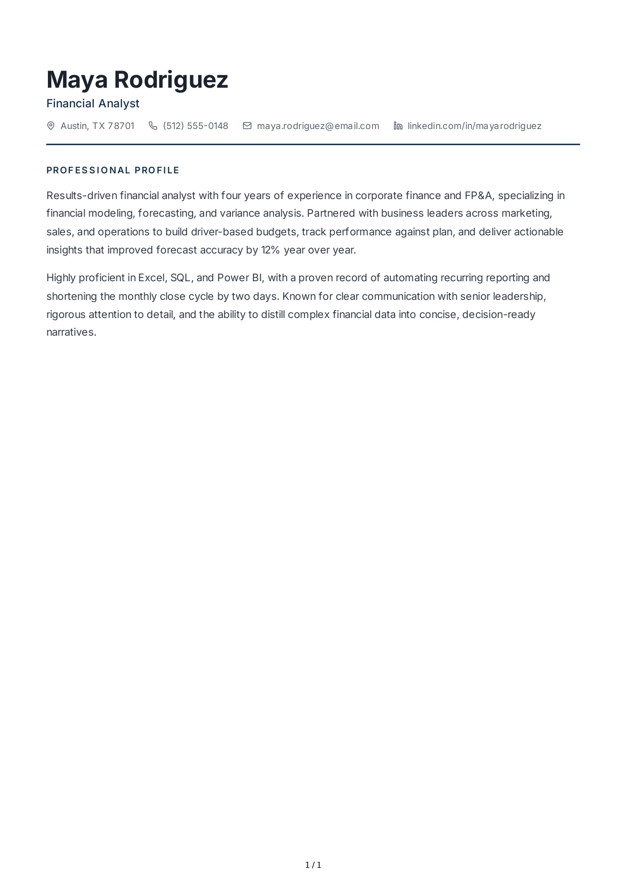 Financial Analyst Resume Profile - Free AI Resume Profile Generator, 50+ Real Resume Profile Examples