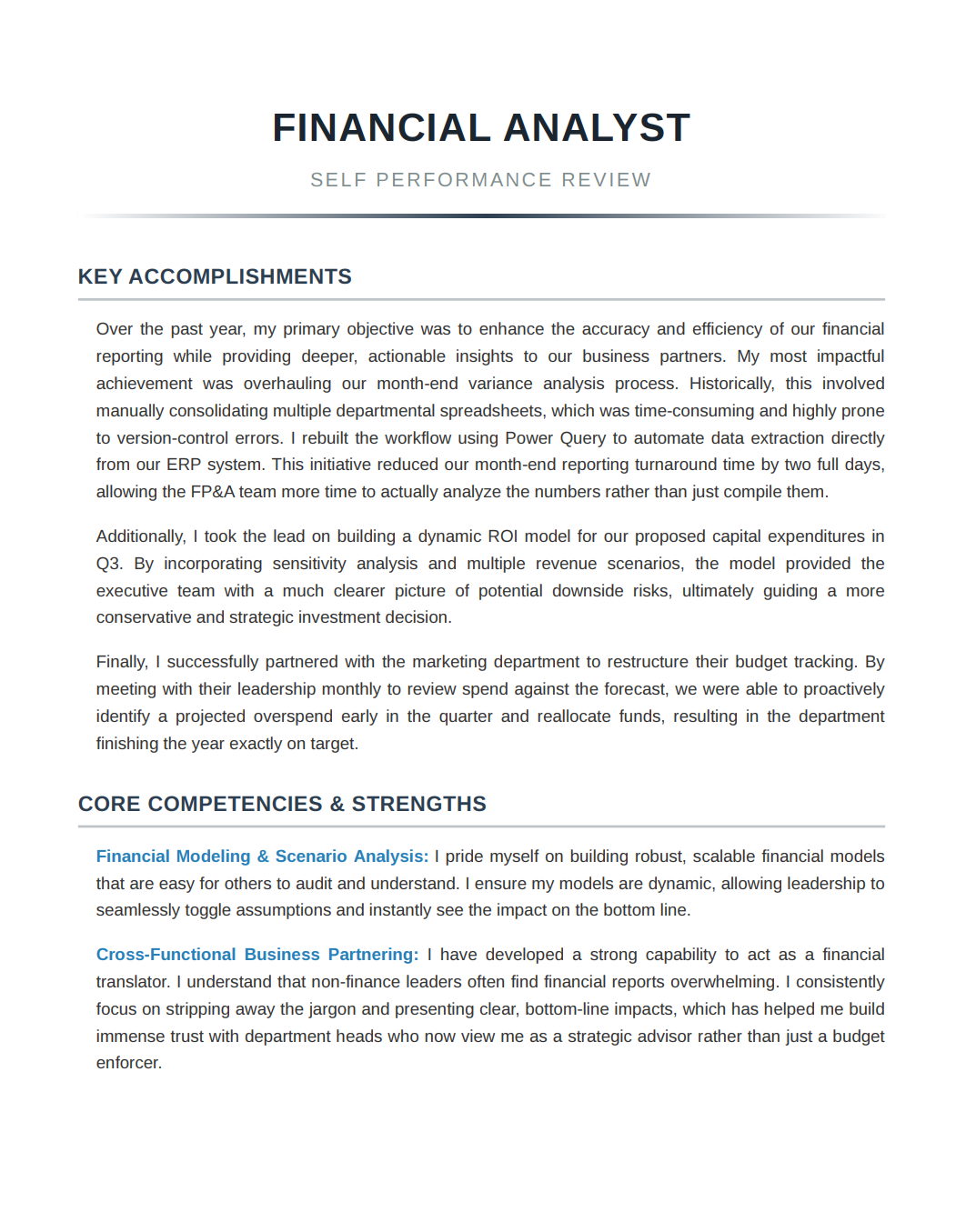 Financial Analyst Self Performance Review - Free AI Self Performance Review Generator, 50+ Real Self Performance Review Examples