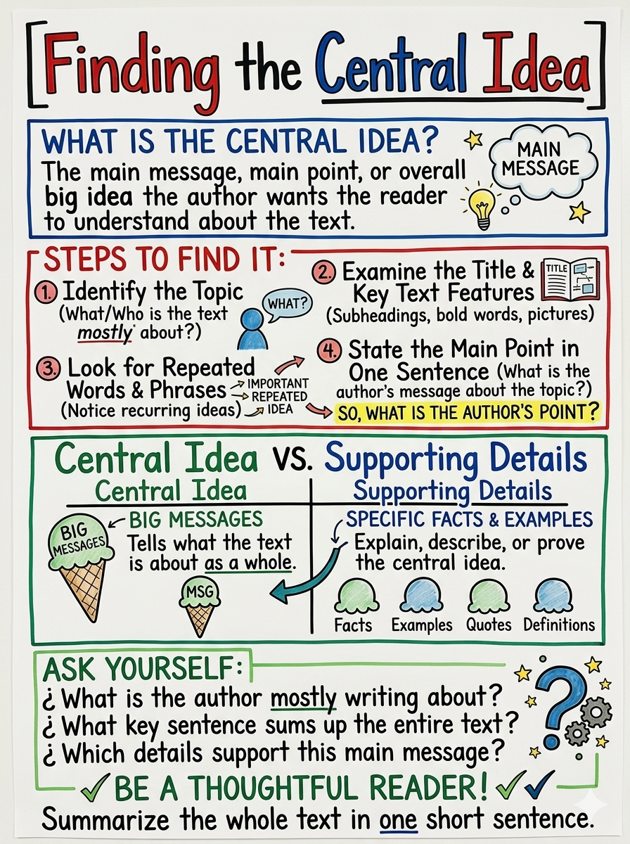 Finding the Central Idea Anchor Chart for 7th Grade Literacy - Free AI Anchor Chart Generator, 50+ Real Anchor Chart Examples
