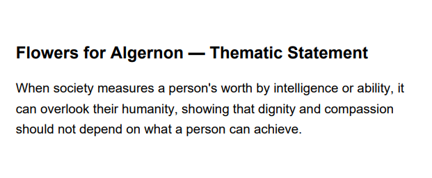 Flowers for Algernon Thematic Statement - Free AI Thematic Statement Generator, 50+ Real Thematic Statement Examples
