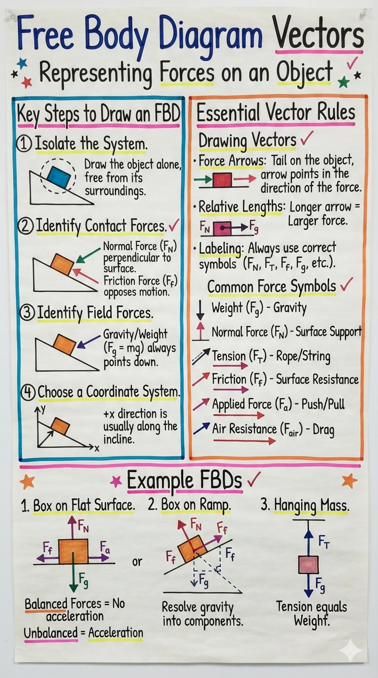 Free Body Diagram Vectors Anchor Chart for 11th Grade Physics - Free AI Anchor Chart Generator, 50+ Real Anchor Chart Examples
