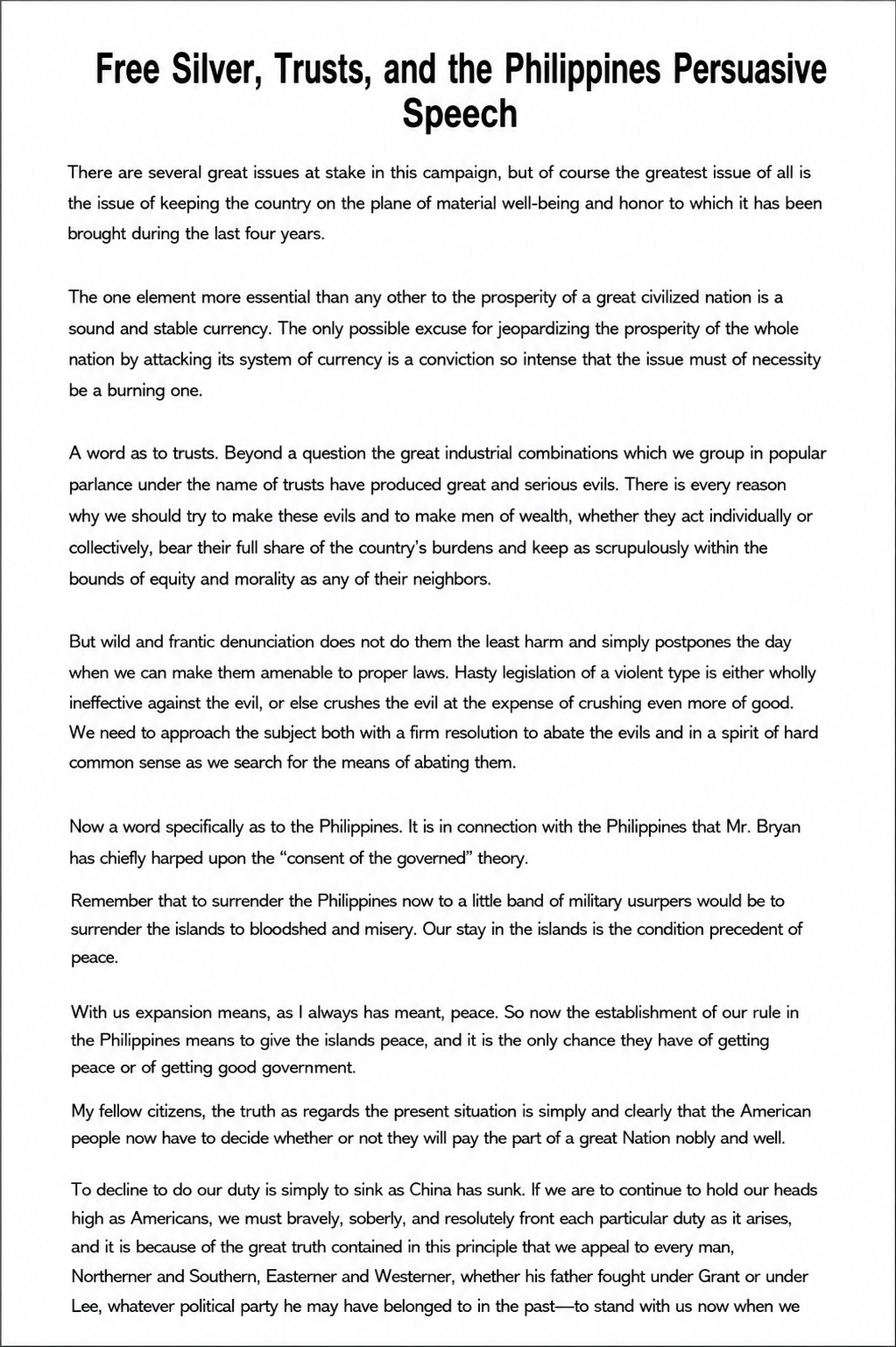 Free Silver, Trusts, and the Philippines Persuasive Speech - Free AI Persuasive Speech Generator, 50+ Real Persuasive Speech Examples