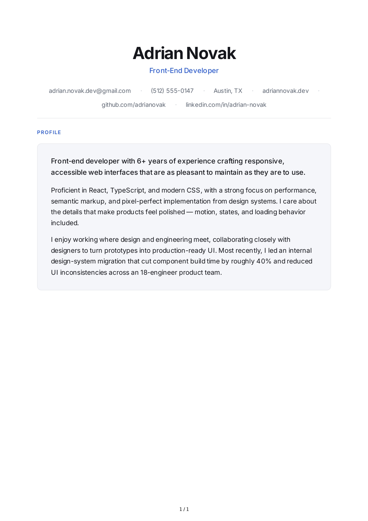 Front-End Developer Resume Profile - Free AI Resume Profile Generator, 50+ Real Resume Profile Examples