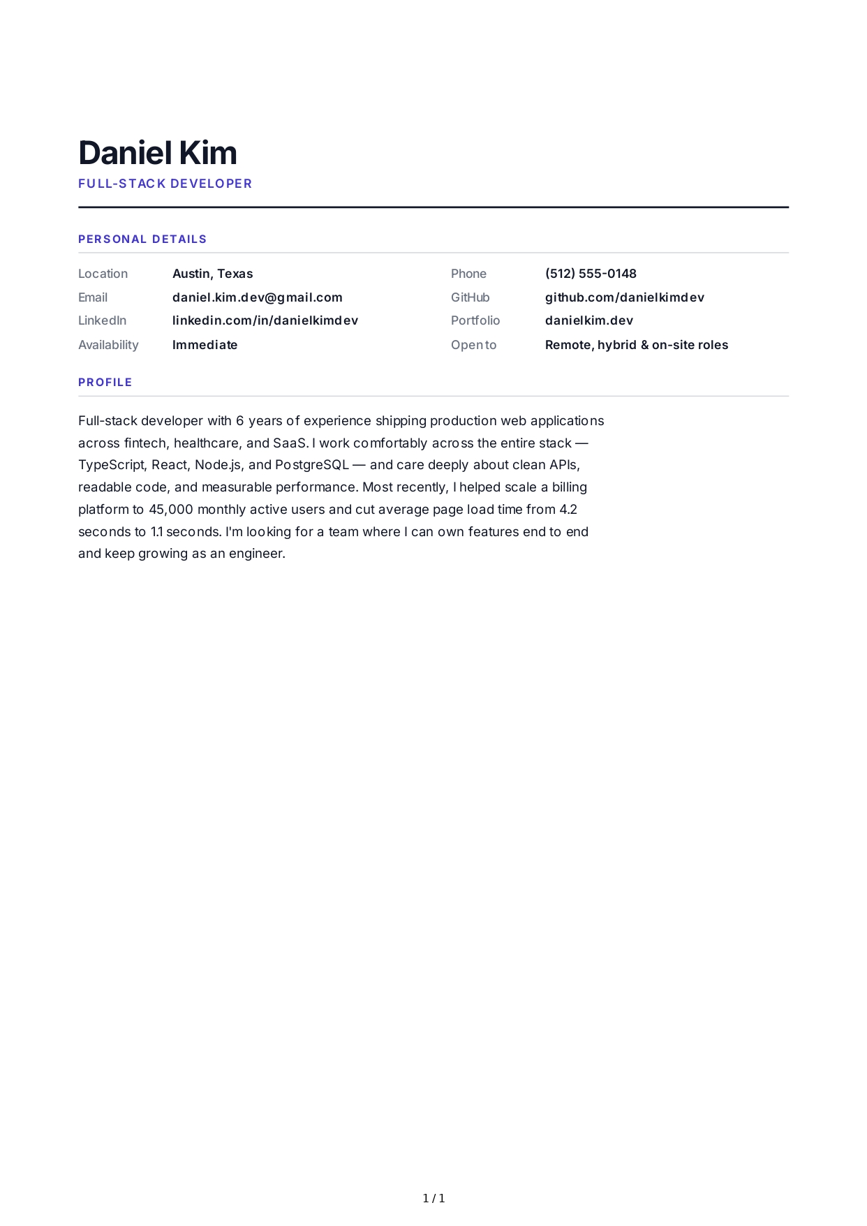 Full-Stack Developer Resume Profile - Free AI Resume Profile Generator, 50+ Real Resume Profile Examples