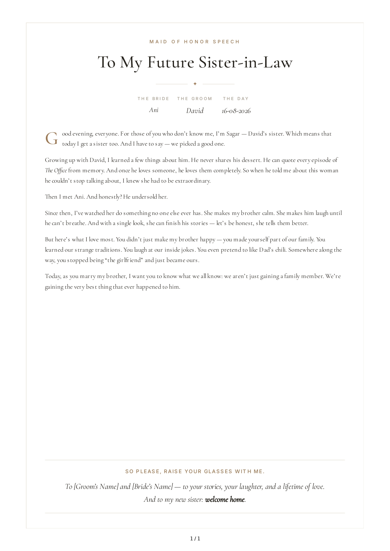 Future Sister-in-Law Maid of Honor Speech - Free AI Maid of Honor Speech Generator, 50+ Real Maid of Honor Speech Examples