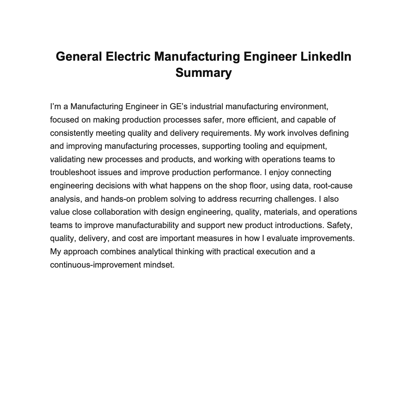 General Electric Manufacturing Engineer LinkedIn Summary - Free AI LinkedIn Summary Generator, 50+ Real LinkedIn Summary Examples