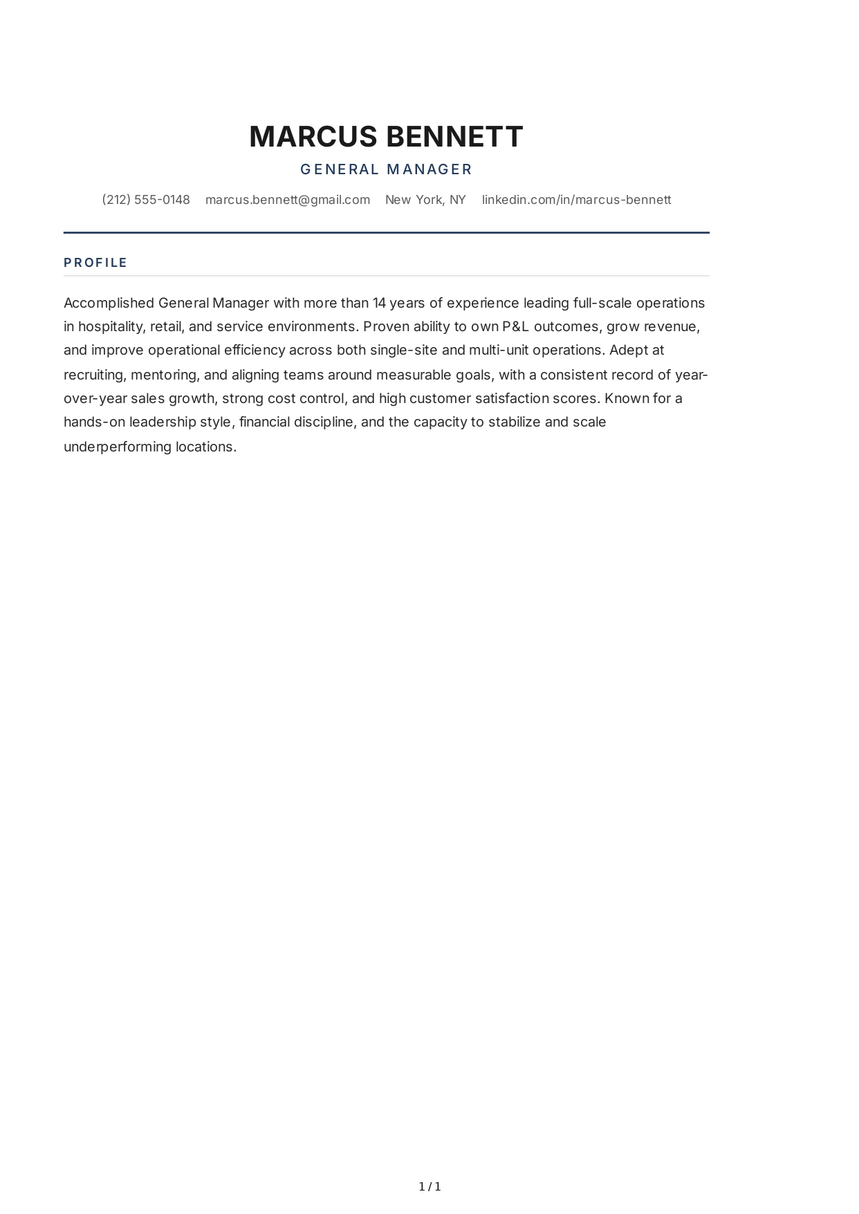 General Manager Resume Profile - Free AI Resume Profile Generator, 50+ Real Resume Profile Examples