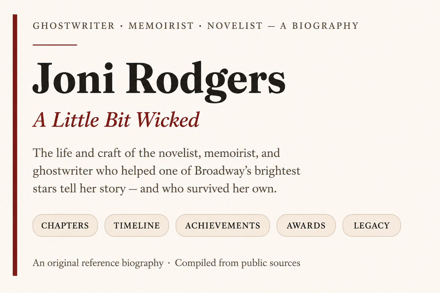 Ghostwriter Joni Rodgers A Little Bit Wicked Biography - Free AI Biography Generator, 50+ Real Biography Examples