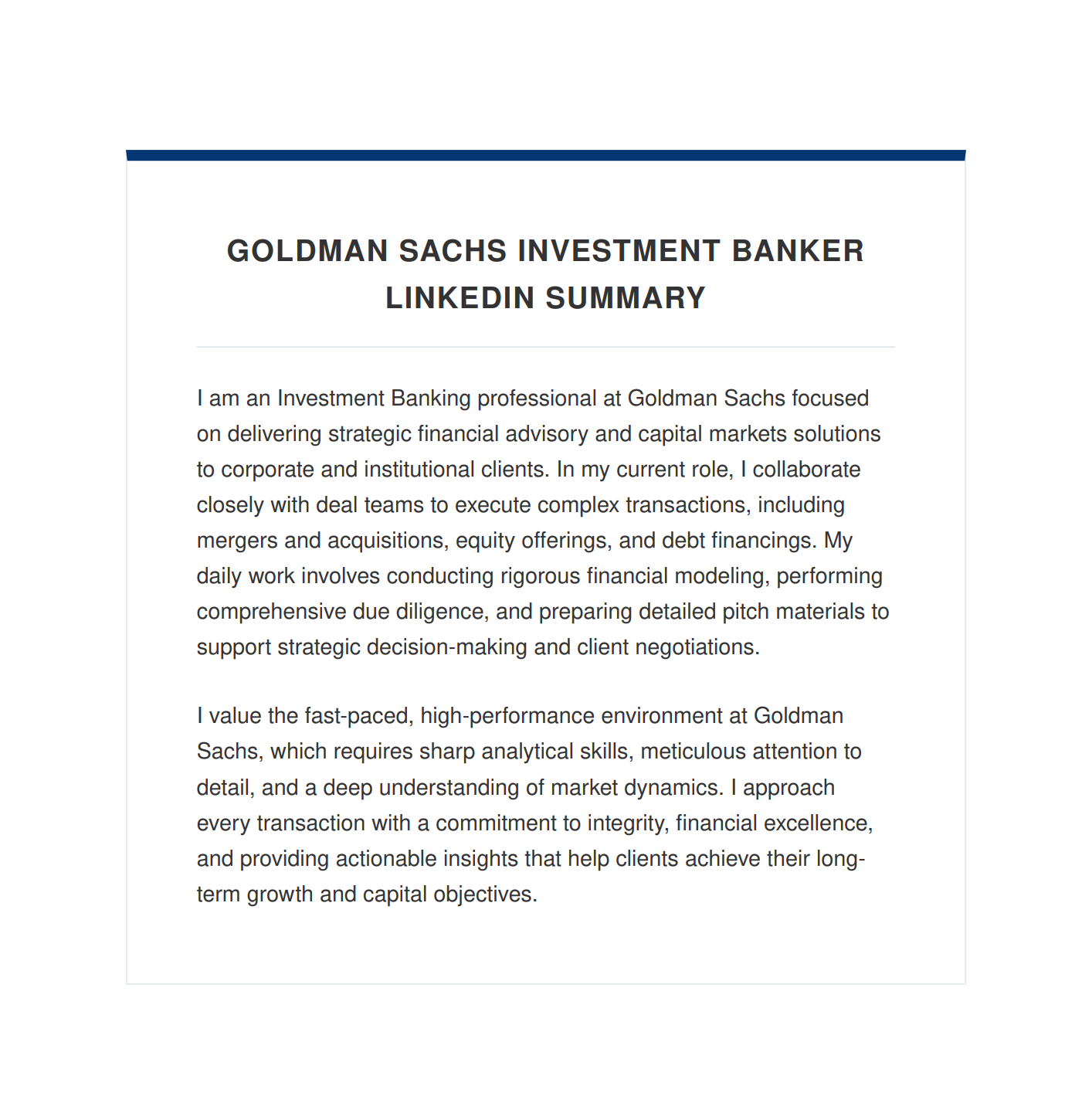 Goldman Sachs Investment Banker LinkedIn Summary - Free AI LinkedIn Summary Generator, 50+ Real LinkedIn Summary Examples