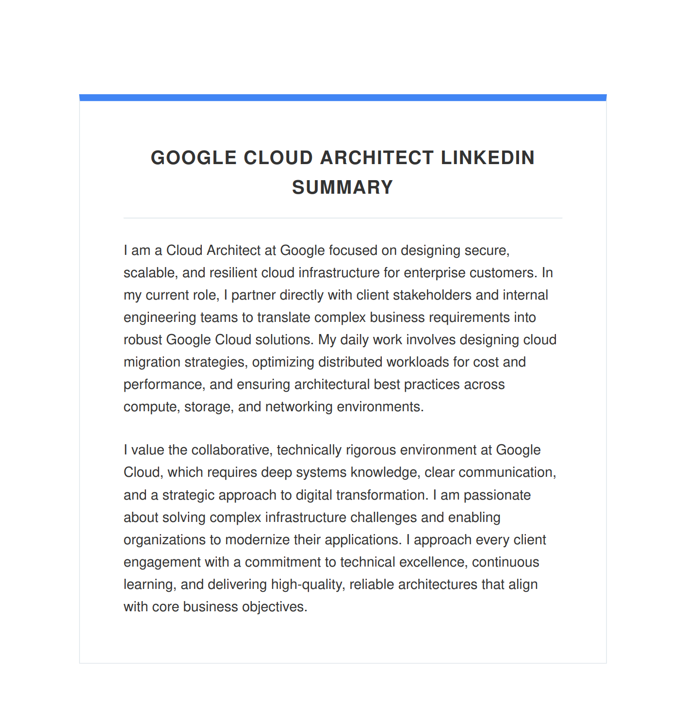 Google Cloud Architect LinkedIn Summary - Free AI LinkedIn Summary Generator, 50+ Real LinkedIn Summary Examples